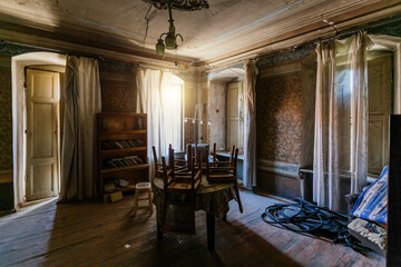 Dark creepy messy room in abandoned house
