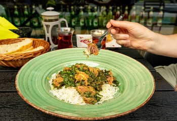 Pilau on Green Plate, Beef Pilaf, Traditional Asian Dish Plov also known as Polow, Pilav, Pallao, Pulao, Palaw