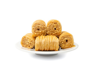 Rolled Baklava Isolated, Ramadan Dessert Roll on Restaurant Plate, Eastern Sweet Pastries