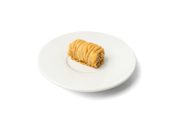 Rolled Baklava Isolated, Ramadan Dessert Roll on Restaurant Plate, Eastern Sweet Pastries