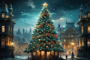 Fototapeta premium Fairytale Christmas tree house in the center of a medieval city. New Year card