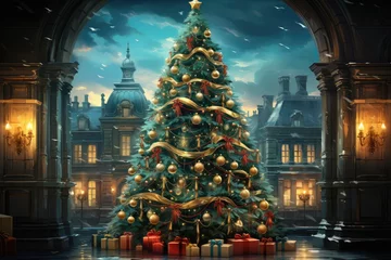 Fotobehang A large Christmas tree with gifts stands in the arch of an ancient castle. New Year banner, postcard © Alesia