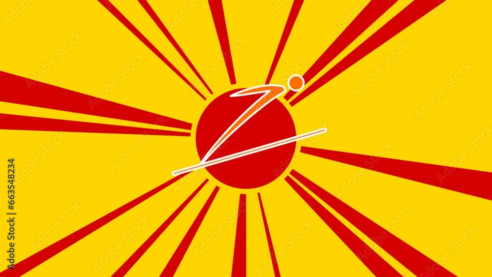 Poster ski jumping symbol on the background of animation from moving rays of the sun. large orange symbol i