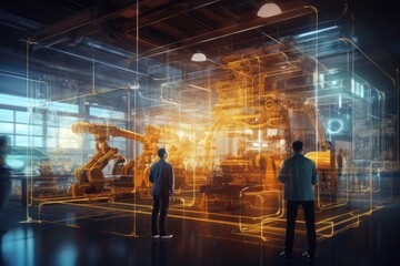 digital factory with people standing and moving objects Generative Ai