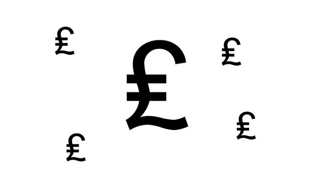 Zoom in and out animation the lira symbol. Large black symbol in the center and four small symbols around. Seamless looped 4k animation on white background
