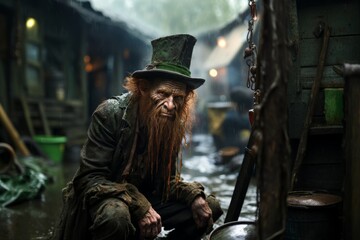 A surreal and whimsical scene featuring a leprechaun in a green top hat kneeling down in a flooded area. Has long red hair and a dense beard, adding to his eccentric appearance. Generative Ai - obrazy, fototapety, plakaty