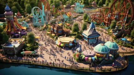 Fototapeta premium highly detailed, lifelike aerial perspective of a bustling amusement park with roller coasters and carnival rides generative ai