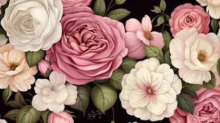 A detailed rendering highlights a seamless pattern, skillfully hand-drawn with the allure of spring flowers and leaves, particularly showcasing the timeless beauty of roses. 