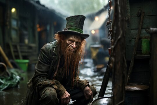 A surreal and whimsical scene featuring a leprechaun in a green top hat kneeling down in a flooded area. Has long red hair and a dense beard, adding to his eccentric appearance. Generative Ai