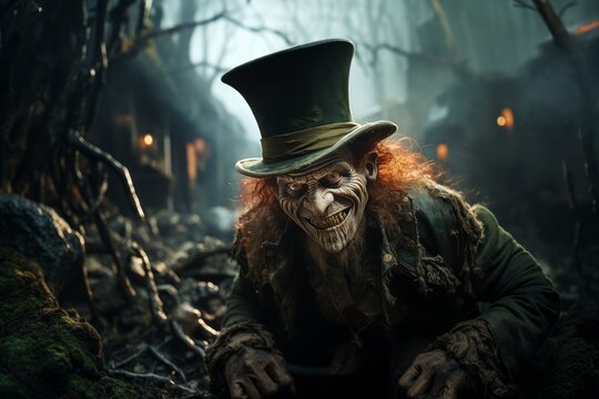 A surreal and whimsical scene featuring a leprechaun in a green top hat. Has long red hair and a dense beard, adding to his eccentric appearance. Generative Ai