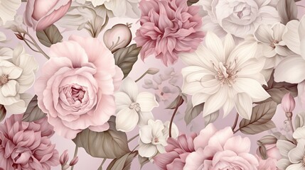 A detailed rendering highlights a seamless pattern, skillfully hand-drawn with the allure of spring flowers and leaves, particularly showcasing the timeless beauty of roses. 