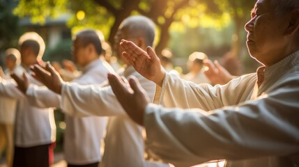 In the peaceful aura of the morning, a group of elderly individuals practices Tai Chi in unison, reflecting a harmonious start to their day. - obrazy, fototapety, plakaty