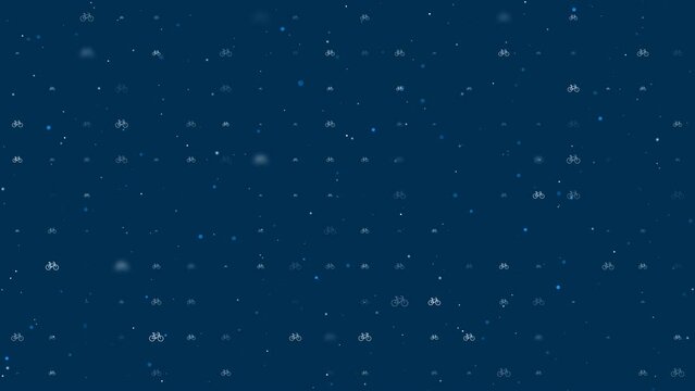 Template animation of evenly spaced bicycle symbols of different sizes and opacity. Animation of transparency and size. Seamless looped 4k animation on dark blue background with stars