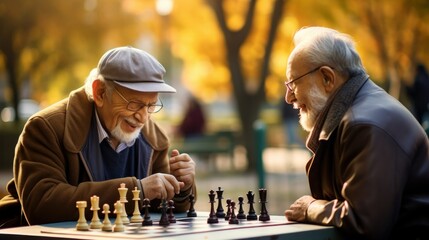Two elderly friends deeply engrossed in a stimulating game of chess at the park, the intensity of their strategy apparent. - obrazy, fototapety, plakaty