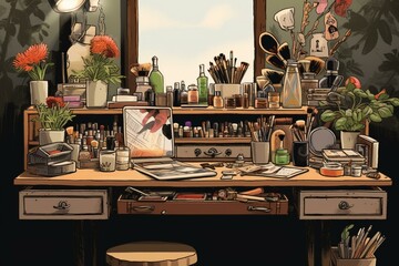 Illustration of a fully stocked make-up desk on a dressing table in a studio setting. Generative AI