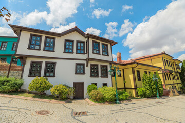street view over Eskisehir city buildings and road weaving through the city's diverse neighborhoods and historic district Odunpazari architecture in Turkey.
