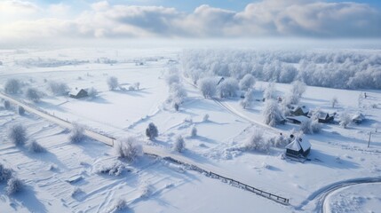 Fototapeta na wymiar highly detailed, lifelike aerial perspective of a serene countryside covered in a blanket of freshly fallen snow generative ai