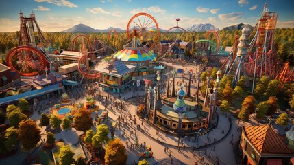 highly detailed, lifelike aerial perspective of a bustling amusement park with roller coasters and carnival rides generative ai
