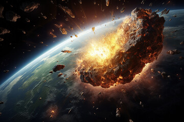 a huge comet on impact on earth, planet earth, world, asteroid impact