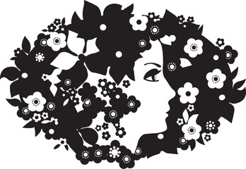 Silhouette of the profile of a beautiful woman against a background of flowers. Black and white illustration of a woman's face against the background of a hairstyle of flowers