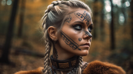 Warrior viking woman. He has Norse runes and war paint on his face. - obrazy, fototapety, plakaty