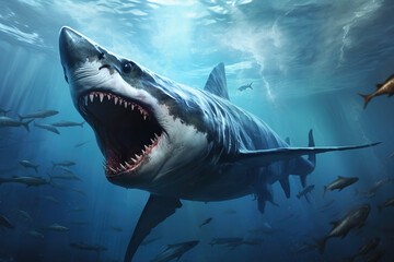 Naklejka premium Adult great shark with a large mouth and many sharp teeth underwater, swimming on the hunt, fictional place and shark species