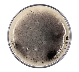 Glass of dark stout beer with foam, isolated on white, top view, clipping path 