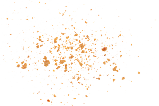 Pile cake crumbs, cookie pieces flying isolated on white, clipping path