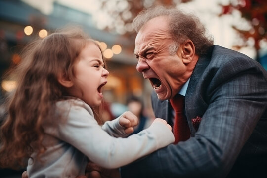 old man in a suit has a fight with a child, father and daughter or strangers meet on the street, angry and furious, shouting and insulting loudly, girl against man
