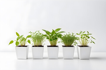 seedlings in square white cardboard pots on a white background