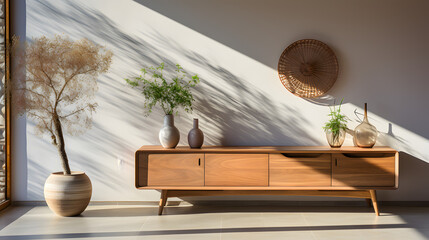 In a modern living room, a wooden cabinet and dresser stand against a wall, featuring a generous copy space.