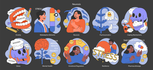 Neurosis set. Chronic stress and anxiety mental disorder. Character