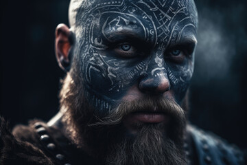 Scandinavian viking warrior. Blue war paints and Scandinavian symbols and runes on his face. Depth of field in the background. - obrazy, fototapety, plakaty
