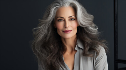 Fototapeta premium Portrait of a beautiful woman with smooth healthy face skin. Gorgeous aging mature confident woman with long gray hair and happy smiling. Beauty and cosmetics skincare advertising concept.