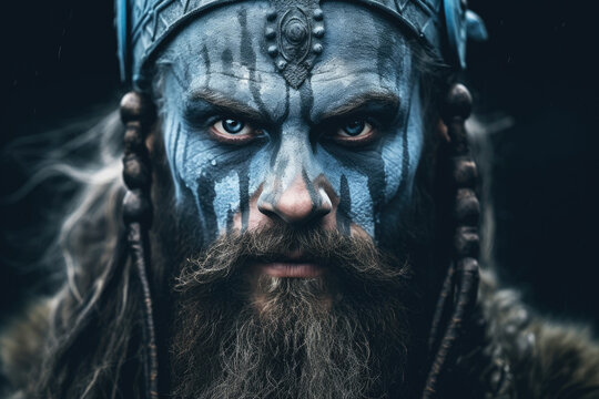 Scandinavian viking warrior. Blue war paint on his face. Depth of field in the background.