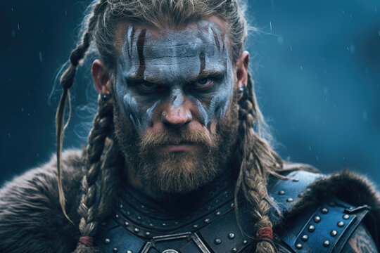 Scandinavian viking warrior. Blue war paint on his face. Depth of field in the background.