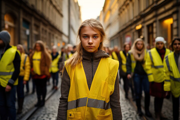 children and young people, teenager demonstrate and protest, wear a yellow safety vest, fictitious reason and place
