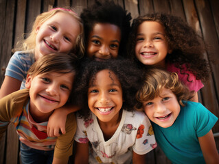 A heartwarming portrait capturing a group of diverse, cheerful, and happy children of various ethnic backgrounds enjoying outdoor activities together.Diversity Conecpt