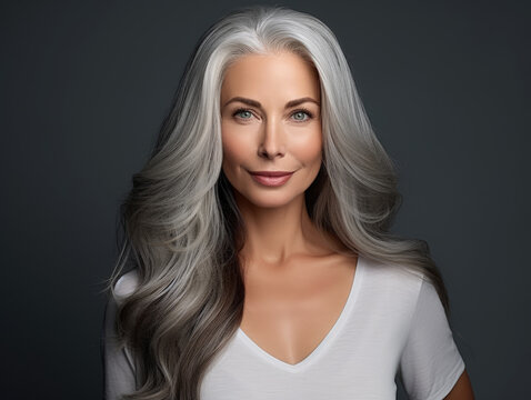 Portrait of a beautiful woman with smooth healthy face skin. Gorgeous aging mature confident woman with long gray hair and happy smiling. Beauty and cosmetics skincare advertising concept.