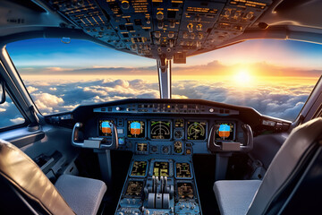 cockpit of a passenger plane airplane interior, pilot seat pilot windshield during flight in the sky above the clouds	