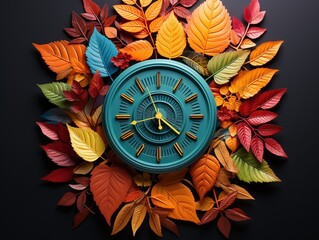 Flat lay centered clock with colorful leaves, Generative AI