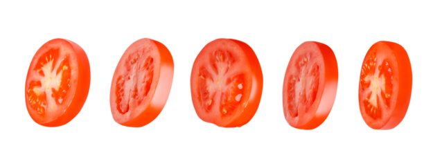 Flying tomatoes cut into circles. Tomatoes, tomatoes, cut, fresh tomatoes. Isolated. Horizontally.