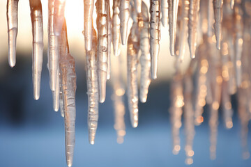 Crystal-clear icicles hanging against a wintry backdrop - obrazy, fototapety, plakaty