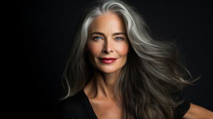 Portrait of a beautiful woman with smooth healthy face skin. Gorgeous aging mature confident woman with long gray hair and happy smiling. Beauty and cosmetics skincare advertising concept.