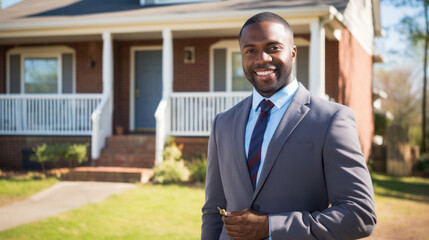 real estate agent in front of a suburban house generative ai - obrazy, fototapety, plakaty