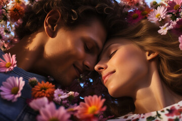 Obraz na płótnie Canvas A young man and woman, deeply in love, lie in a beautiful flowers field on a grassy meadow, their heads close together as they share heartfelt smiles amid the blossoms.