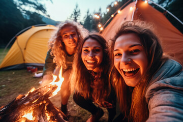 fun joy good mood, selfie of friends outside camping with a tent and campfire in free time, trip travel adventure