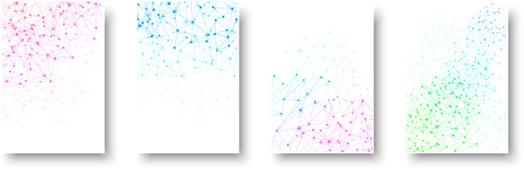 Set of paper cards with colorful communication social mesh. Network polygonal background.