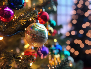 Obraz na płótnie Canvas Festive Christmas Tree with Colorful Ornaments and Lights