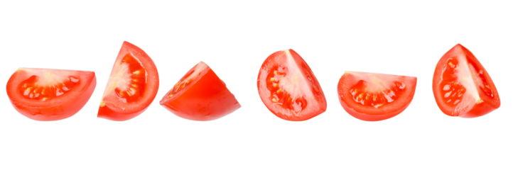 A set of quartered tomatoes from different angles. Isolated